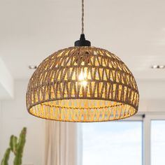 a light hanging from a ceiling in a living room with a potted plant on the table