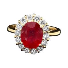 Classic Yellow Gold Gia Certified Ruby Ring, Classic Yellow Gold Ruby Ring Gia Certified, Red Cluster Ring With Brilliant Round Cut, Red Cluster Ring With Brilliant Cut, Classic Red Oval Diamond Ring, Luxury Red Ruby Ring With Vvs Clarity, Classic Red Ruby Ring With Prong Setting, 14k Gold Red Cluster Ring With Brilliant Cut, Formal Red Gemstone Brilliant Cut Diamond Ring