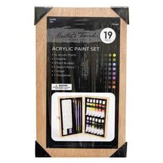 the acrylic paint set is packaged in a wooden box with its contents inside