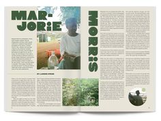 an article in a magazine with images of people and plants on the pages, including a man