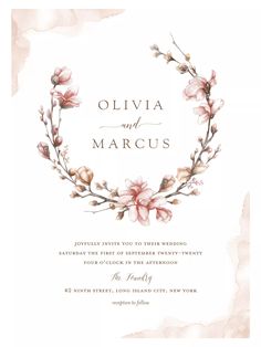 an elegant wedding card with purple flowers and greenery on the front, in watercolor