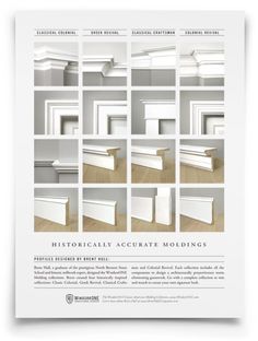 the front and back cover of an architectural brochure with images of white moldings