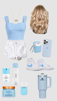 #like #abonnetoi #partage Blue Back To School Outfits, School Outfits Shorts, Cute Outfits For Teen, Shuffles Outfits, Girls On The Beach, Outfits Shorts, Summer Outfits For Teens