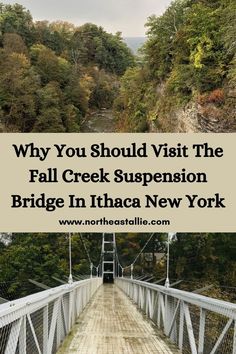 a bridge with the words why you should visit the fall creek suspension bridge in ithaca new york