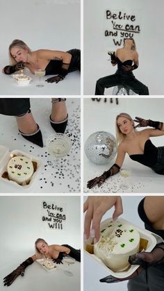 a collage of photos showing the process of making a cake