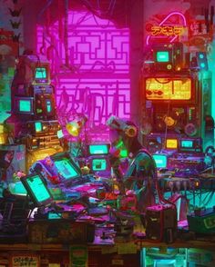 a room filled with lots of electronic devices and neon colored lights on the wall behind it