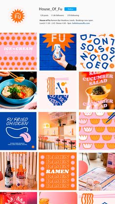 a collage of photos with orange, pink and blue colors on them that include food