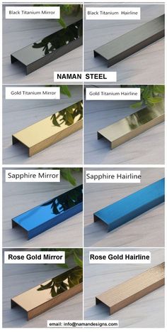 the different types of metal sheets are shown in this image, including gold and blue