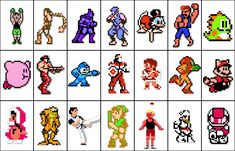 an old school video game screen with pixel art and some characters in different poses on it