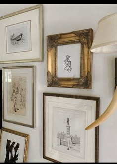 several framed pictures hang on the wall next to an elephant's tusk and lamp