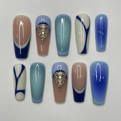 Handpainted Blue Inspired Medium Square Press on Nails, False Nails Nails Art for Birthday, Holiday, Gifts for Her - Etsy Blue Nails Square, Nails Design Blue, Siren Nails, Art For Birthday, Lily Nails, Square Press On Nails, Long Nail Designs