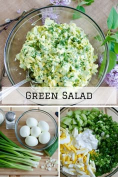 green salad with eggs, celery and onions in a glass bowl on a cutting board