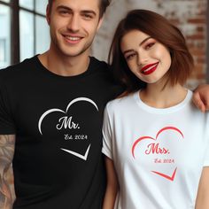 Mr and Mrs Just Married Shirts: Share your joy with our cute Wedding Day T-Shirt Designs! Perfect for announcing your marriage or gifting to the happy couple. Made from our BELLA AND CANVAS brand, this tee offers style and comfort. Here's what you need to know before you make your purchase: 1.Unisex Adult Sized Shirts. They're not women's fitted shirts, so for a more fitted look, consider sizing down. 2.Rolled Sleeves in pictures are for styling purposes only. 3.Props used in photos are NOT included with purchase. PRINT DESIGN 1.This is a Direct-To-Garment printed item, ensuring durability without cracking or peeling. 2.The ink is printed INTO the fabric, ensuring longevity. WASHING INSTRUCTIONS 1.Wash inside out, in cold water, on a gentle cycle. Tumble dry low or let air dry. 2.Do not us Just Married Shirts, Wedding Party Shirts, Honeymoon Shirts, Fitted Shirts, Wedding Shirts, Rolled Sleeves, Mr And Mrs