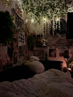 a bedroom decorated with hanging plants and pictures on the wall, lights in the ceiling