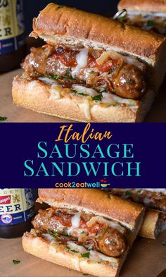 Two images of the Italian sausage sandwich separated by a dark blue graphic with the title in yellow and aqua letters. Italian Sausage Sandwiches, Sausage Sandwich Recipes, Italian Sausage Sandwich, Sausage Sandwich, Sausage Sandwiches, Italian Sausage Recipes, Sausage Dishes, Mild Italian Sausage