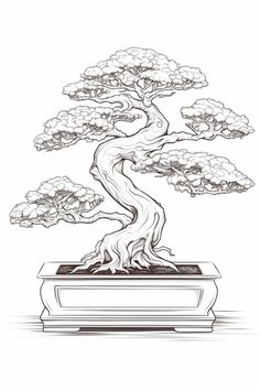 a bonsai tree is shown in this black and white drawing