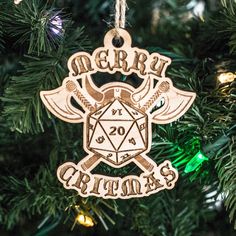 a wooden ornament hanging from a christmas tree