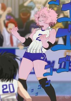 an anime character with pink hair and blue shorts in front of a sign that says