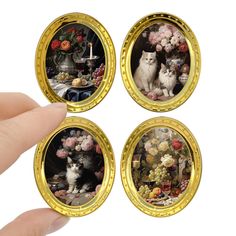 three pictures of cats and flowers are shown in this miniature photo oppoed to look like they're looking at each other