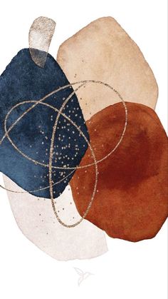 an abstract painting with circles and dots in blue, brown, beige and white colors