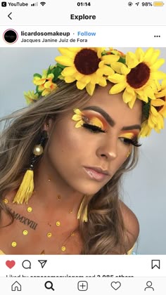 Sunflower Inspired Makeup, Flower Halloween Makeup, Sunflower Costume Diy Women, Sunshine Halloween Costume, Sunflower Costume For Women, Sunflower Halloween, Sunflower Halloween Costume, Sunflower Makeup Looks