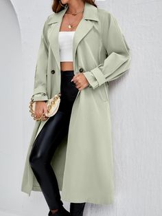 verde menta Casual Collar manga larga Tela Liso Normal Embellished No-Elástico  Ropa de Exterior para Mujer Outfit Trabajo, Long Green Coat, 2022 Outfits, Oversized Trench, Women Outerwear, Long Coats, Trench Jacket, Belted Trench Coat