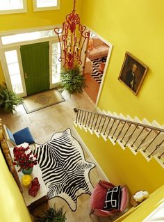 an overhead view of a living room with yellow walls and zebra rug on the floor