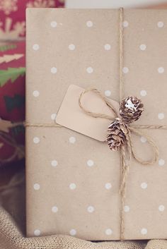 a present wrapped in brown paper with white polka dots and a pine cone on top