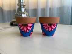 two flower pots sitting on top of a table