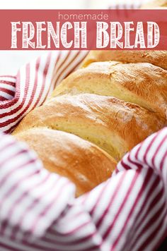 homemade french bread in a red and white striped basket