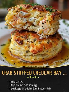 crab stuffed cheddar bay on a plate with text overlay that reads crab stuffed cheddar bay