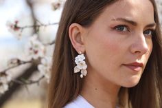 . Wedding Jewelry For Bride, Pearl Jewelry Wedding, Porcelain Flowers, Pearl Wedding, Bride Jewellery, Bridal Earrings, Crystal Earrings, Statement Earrings, Freshwater Pearls