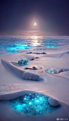 an icy landscape with blue lights in the water and ice flakes on the ground