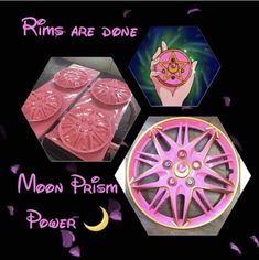 three different types of pink wheels with stars and moon designs on the rims are shown