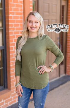 Pinedale Basic Olive Top Women's basic olive long sleeve top by Crazy Train Clothing. 95% Rayon/5% Spandex Model is 5'5" wearing a size X-Small Size Bust Length@ back Sleeve Length Small 38" 27.5" 22.5" Medium 40" 28" 23" Large 42" 29" 23" XL 44" 30" 24" 2X 49" 30.5" 25" 3X 52" 31" 25" Tshirt 2023, Crazy Train Clothing, Mens Outerwear Jacket, Olive Top, Crazy Train, Kids Outerwear, Green Tshirt, Perfect Wardrobe, Green Top