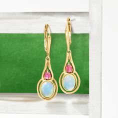 Ross-Simons - Ethiopian Opal, .30ct t. w. Pink Tourmaline Drop Earrings Over Sterling. Add a mystical touch to your outfit with these drop earrings. Here, 6x8mm oval Ethiopian opal cabochons beam next to .30 ct. t. w. pear-shaped pink tourmaline cabochons. Set in polished 18kt yellow gold over sterling silver. Hanging length is 1 3/8". Leverback, pink tourmaline and Ethiopian opal drop earrings. Opal birthstones are the perfect gift for October birthdays. October Birthdays, Opal Drop Earrings, Opal Birthstone, Earrings Opal, Sterling Jewelry, Pink Tourmaline, Free Jewelry, Ethiopian Opal, Artisan Jewelry