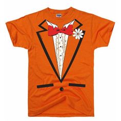 an orange shirt with a tuxedo on it