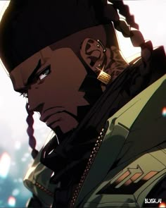 an anime character with braids on his head looking at the camera while staring into the distance