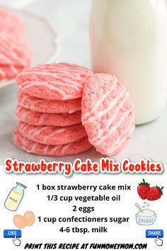 strawberry cake mix cookies are stacked on top of each other with milk in the background