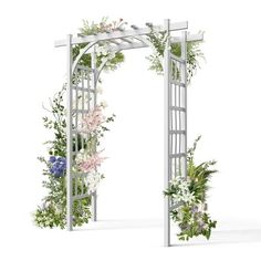 an arch with flowers and greenery on the sides is set against a white background