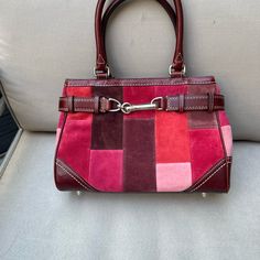 Beautiful Multicolored Eye Catching Designer Burgundy Shoulder Bag With Double Handle, Designer Red Square Satchel, Luxury Multicolor Coach Bag, Designer Burgundy Rectangular Bag, Red Square Satchel With Handles, Designer Coach Shoulder Bag In Burgundy, Coach Red Satchel With Detachable Handle, Red Coach Satchel, Designer Coach Burgundy Shoulder Bag