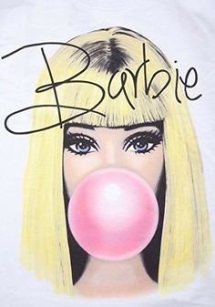 a woman with blonde hair and blue eyes blowing a pink bubble on her face while wearing a white t - shirt that says barbie