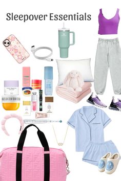 the contents of a woman's sleepover essentials bag