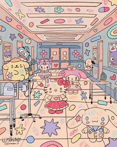 this is an image of a room with hello kitty and other cartoon characters in it