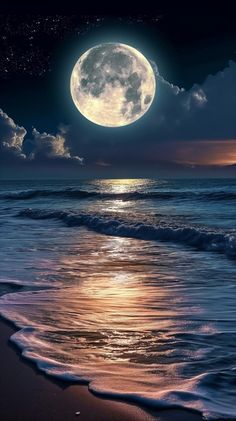 the full moon is shining brightly over the water at night on the beach with waves coming in