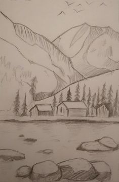 a pencil drawing of a cabin by the water with mountains in the backgroud