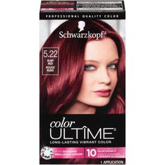 "Schwarzkopf Color Ultime Hair Color Cream, 5.22 Ruby Red Hair Color - show-stopping reds for any complexionThis hair color kit will allow you to achieve noticeably vibrant color results and incredible gloss at home. Infused with Diamond Brilliance Serum. It contains special UV filter to provide additional protection. Color Ultime‘s hair dye kit including a conditioner delivers color results with luminous shine from root to tip. We recommend big-volume hairstyles for particularly glamorous red h Best Red Hair Dye Walmart, Purplish Red Hair Dye, Loreal Red Hair Dye, Deep Burgundy Hair Color Box Dye, Bleach London I Saw Red, Hair Color Schwarzkopf, Ruby Red Hair Color, Ruby Red Hair, Schwarzkopf Color