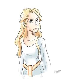 a drawing of a woman with long blonde hair wearing a white shirt and gold belt