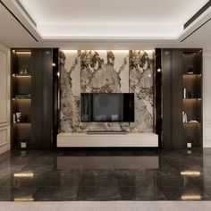 an elegant living room with marble walls and flooring, built in shelving units