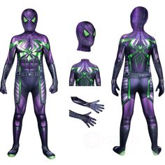 a purple and green spider - man suit is shown with gloves, gloves and mask